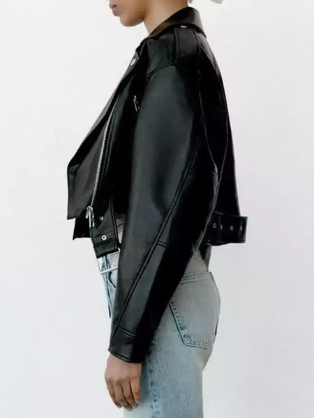 Ailegogo-Jaqueta curta feminina de couro PU falso com cinto, casaco de motociclista, lapela com zíper feminino, outwear solto, primavera, outono