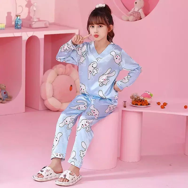 Ice Silk infantil Conjunto de Pijamas de manga curta, Pijamas gola V, Anime Sanrio Kuromi Minha melodia Desenhos animados, Cinnamoroll Menina, Cinnamoroll