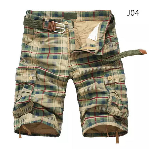 Shorts de praia xadrez casual masculino, calça curta militar, bermuda masculina, macacão de carga, sem cinto, moda, verão, 2024