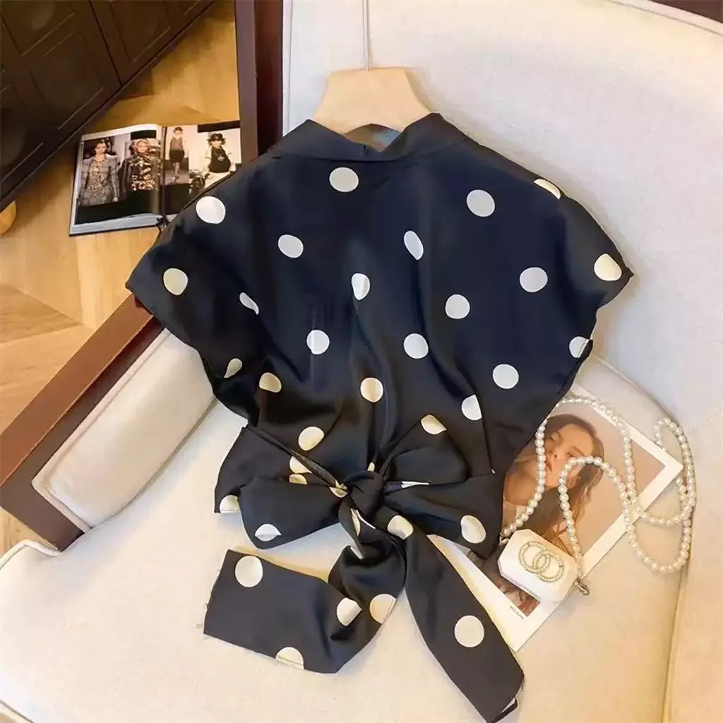 Blusas sem mangas de bolinhas para senhora, estilo francês, laço com renda, decote em v, tops sedosos, roupas elegantes de escritório, verão, novidade, 2022