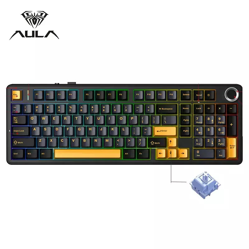 Teclado mecânico para jogos AULA F99PRO, 99 teclas, três modos, sem fio, estrutura de junta permutável, teclado personalizado com botão de mídia