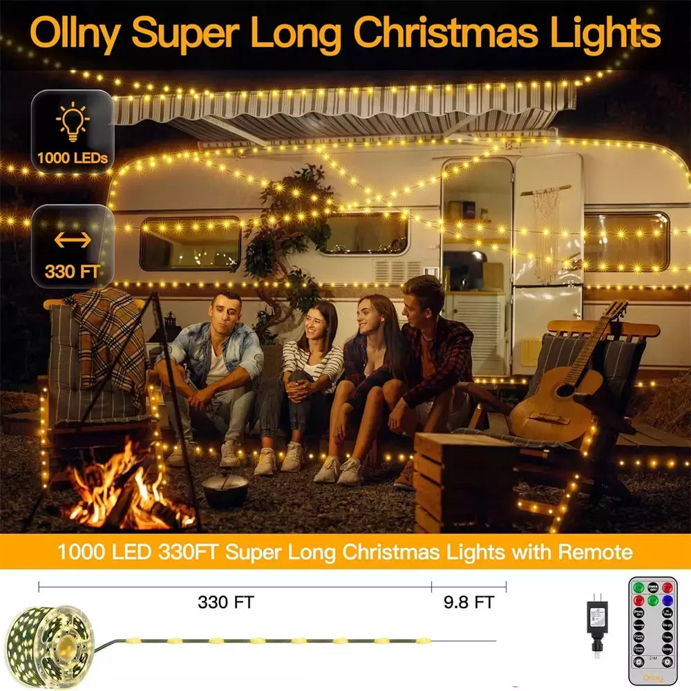 Impermeável Fairy String Lights com controle remoto, guirlanda de Natal, decoração ao ar livre, árvore, rua, casamento, festa, 1pc, 500 LED, 1000LED