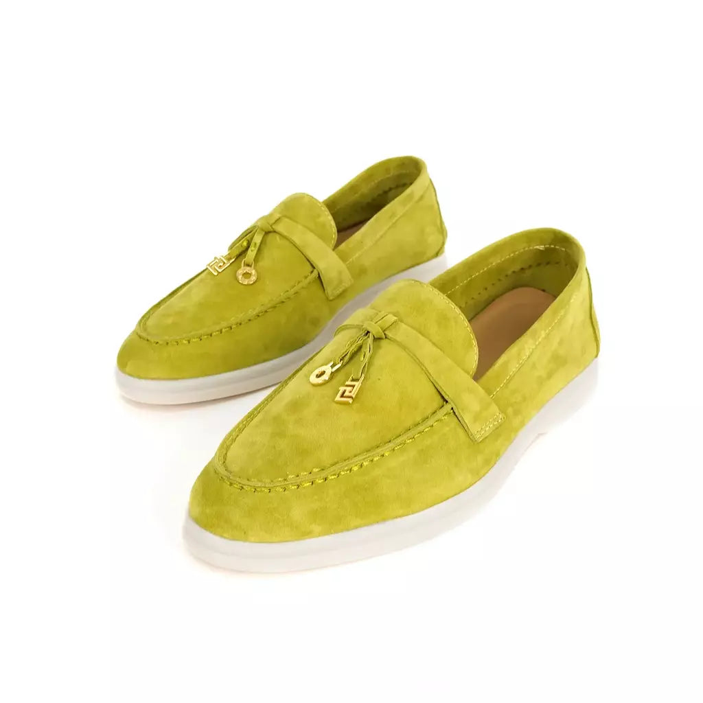 Sapatos de mula de camurça antiderrapante para mulheres, sapatos para dirigir, pingente de metal, marca de luxo, moda casual confortável, Le Fu