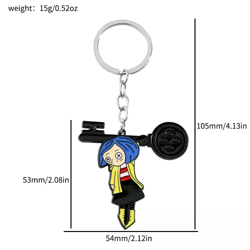Figura de desenho animado Coraline e chaveiro de porta secreta, filme de anime emocionante de fantasia, pingente esmaltado, chaveiros, presentes de ornamento