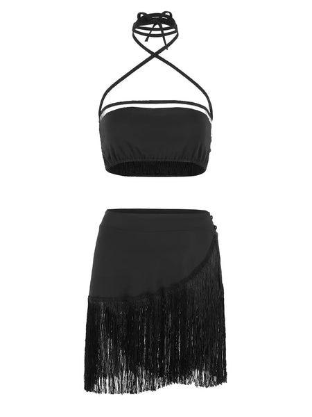 Conjunto sexy de biquíni feminino, sutiã de renda, mini saia, férias de praia, fato de banho feminino casual, 2 peças, verão