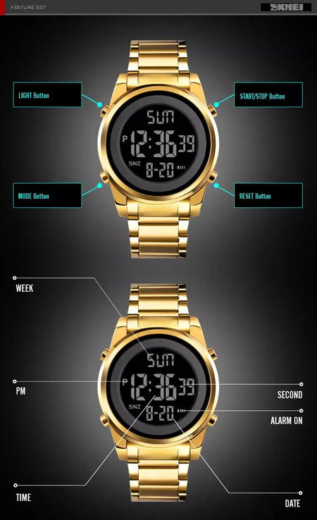Skmei relógio de pulso masculino luxuoso, à prova d'água, aço inoxidável, eletrônico, esportivo, digital, 1611