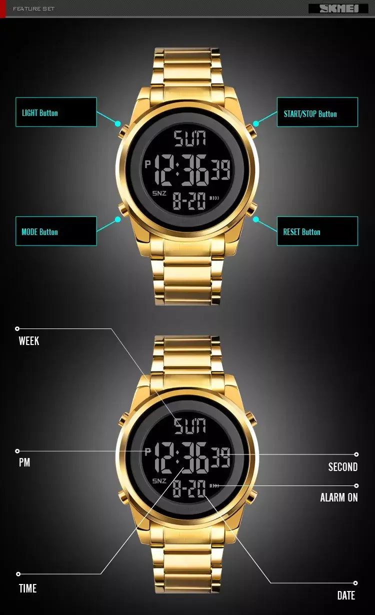 Skmei relógio de pulso masculino luxuoso, à prova d'água, aço inoxidável, eletrônico, esportivo, digital, 1611