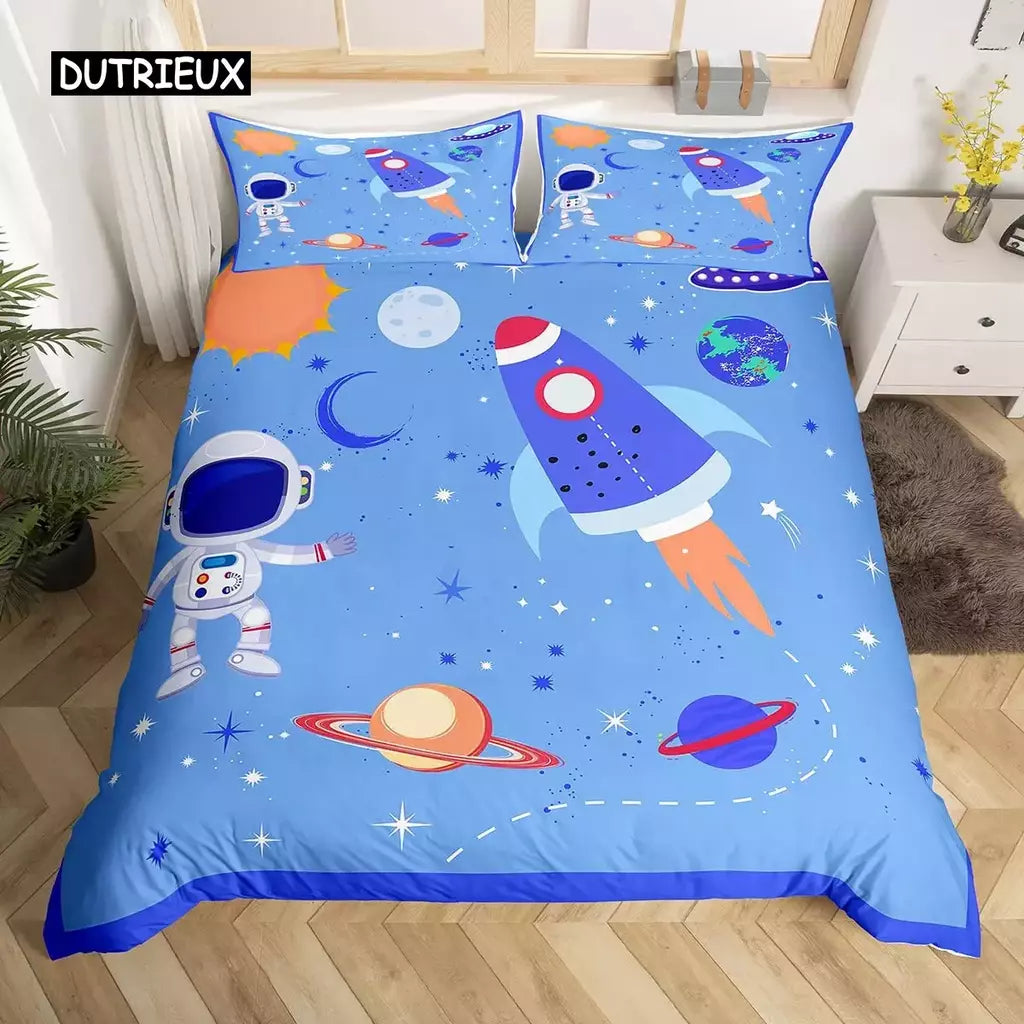 Conjunto de cama para meninos da aviação dos desenhos animados, astronauta Duvet Cover, Blue Sky Dream Quilt Cover, gêmeo, único, tamanhos duplos, fronha