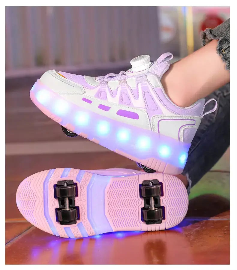 Crianças quatro rodas luminosa brilhante tênis preto rosa led luz rolo sapatos de skate crianças sapatos led meninos meninas carregamento usb