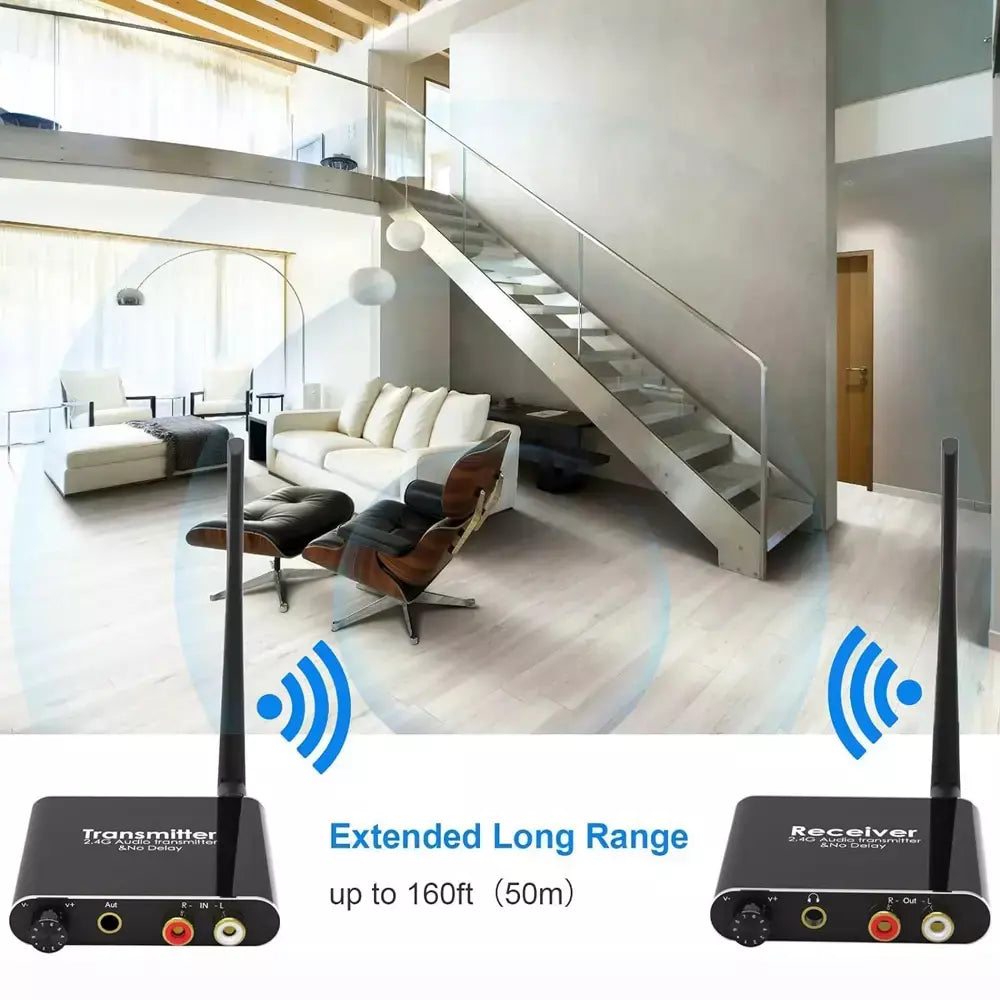 Transmissor e receptor de música de áudio wi-fi sem fio AIXXCO 50M 2.4G com adaptador de áudio sem fio R/L RCA de 3,5 mm