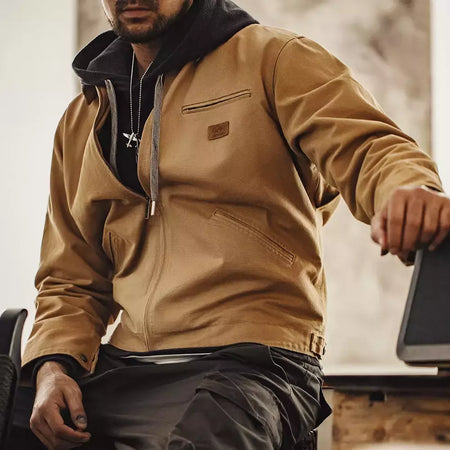Maden J001 - Casaco de Caça Régua Detroit para Homem de Outono, Tecido de Lã Retro, Bolsos de Algodão Resistente, Design de Colarinho Lapel e Fechadura Ziper