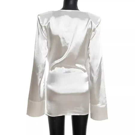 Nsauye curto noite elegante festa mini envoltório manga longa vestido feminino nova moda cetim 2025 inverno sexy night club vestido branco