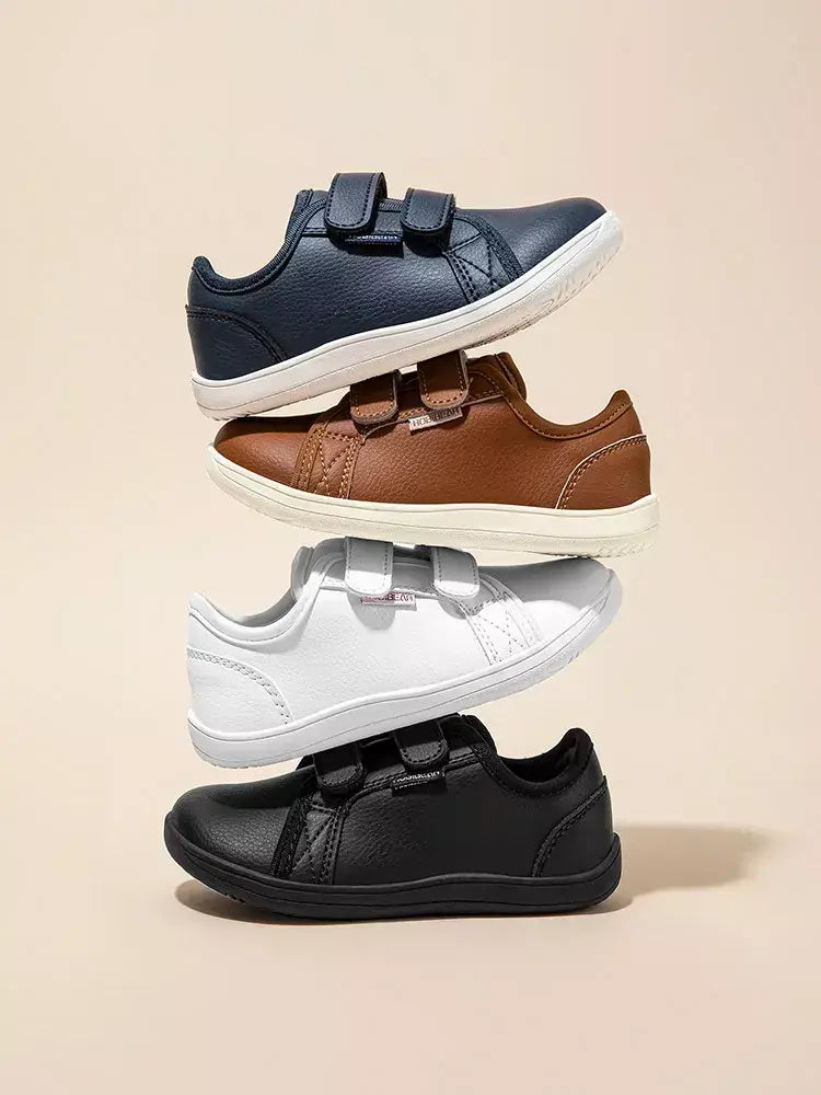 HOBIBEAR-Tênis minimalistas para crianças, leves, gancho de laço, couro artificial, sapatos descalços, pequeno grande e garoto, dedo do pé largo