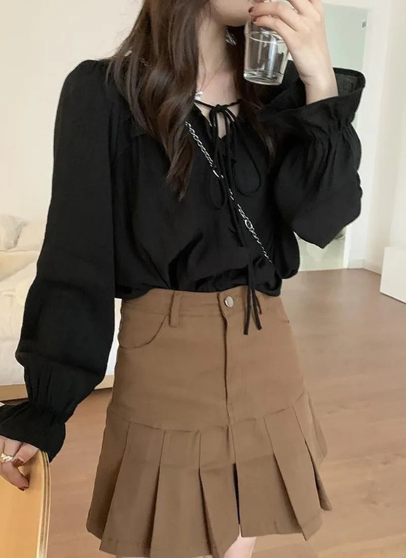 Xpqbb-Blusa de chiffon com decote em V para mulheres, camisas soltas com renda, manga comprida, babados, streetwear feminino, roupas coreanas, primavera e outono, 2024