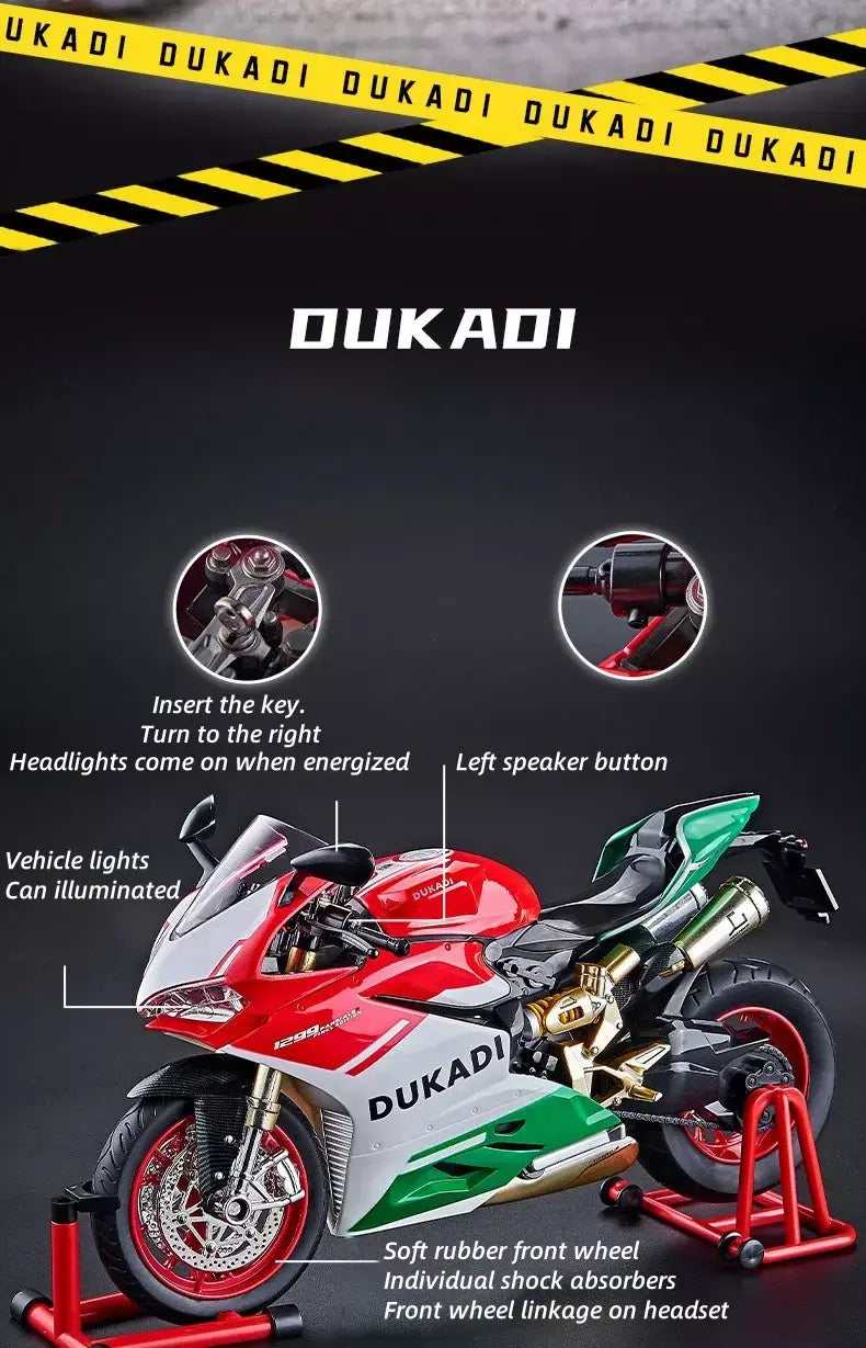 Chave começo 1:9 1199 panigale liga esportes modelo de motocicleta diecast pista corrida modelo de motocicleta com spray som luz crianças brinquedos
