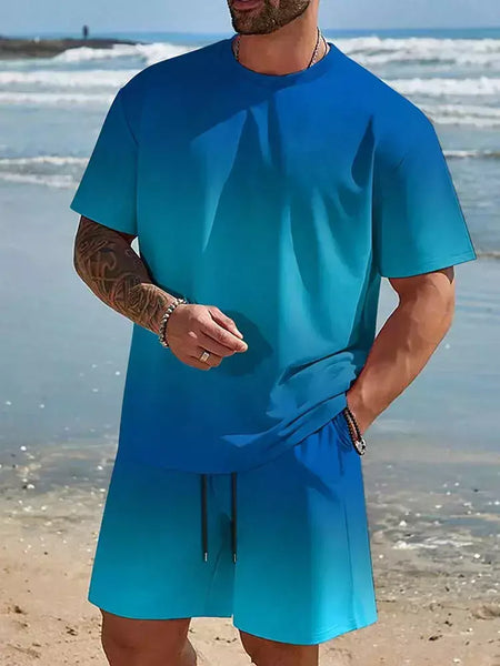 Camiseta de praia havaiana masculina, conjunto de 2 peças, manga curta, estampa palmeira, decote em O, moda exterior, casual, verão