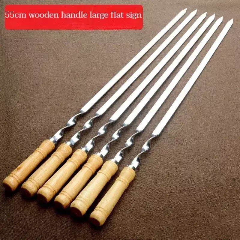 Espetos de churrasco de aço inoxidável alça longa 55cm alça de churrasco de madeira grande vara plana ao ar livre piquenique ferramentas de churrasco