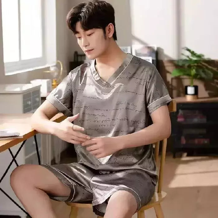 Conjunto de pijama de seda gelo manga curta masculino, pijama casual fino de simulação, tamanho grande, roupa para casa, verão, 2 peças