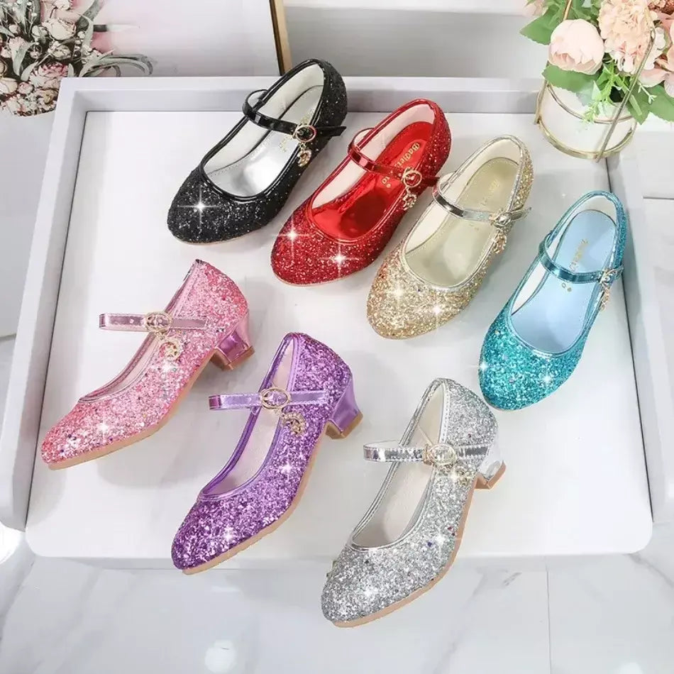 Meninas sapatos crianças salto alto glitter sandálias de cristal moda fivela crianças princesa sapato dança estudante desempenho sapatos de couro