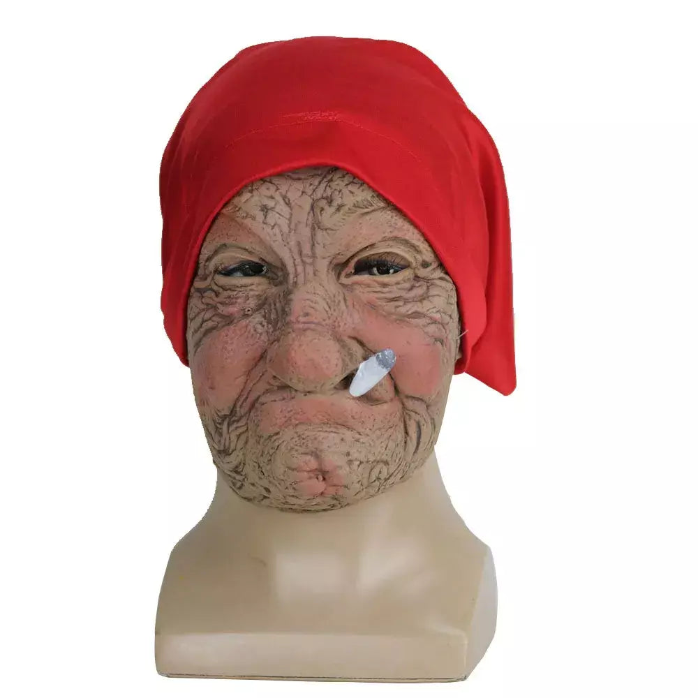 Engraçado fumar vovó velho nana máscara de látex senhora avó com rosto enrugado e lenço vermelho máscaras festa de halloween traje adereços