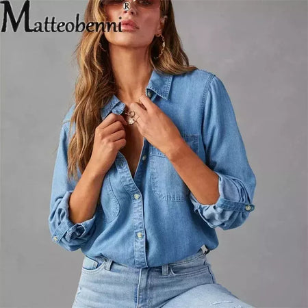 Camisa jeans fina de peito único feminina, bolso de emenda, manga longa, tops de lapela, confortável, blusa casual para mulheres, outono