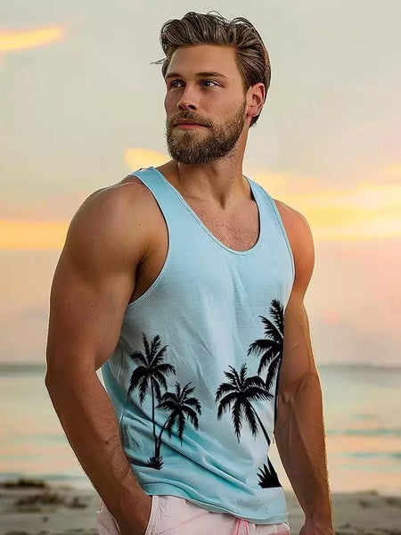 Camisola regata havaiana masculina, camiseta sem mangas, festa na praia, fitness ao ar livre, estampa 3D palmeira, verão, novo, 2022