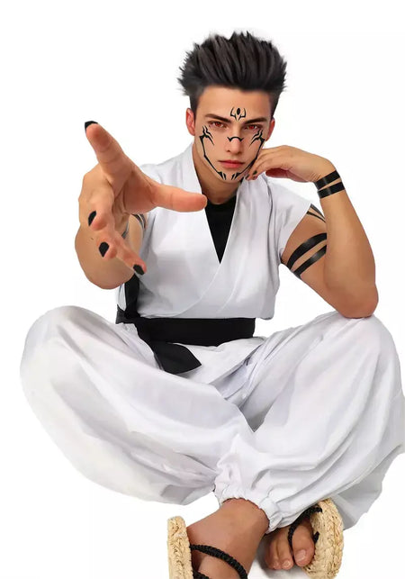 Dazcos ryomen sukuna traje branco kung fu terno com adesivos de tatuagem ryomen sukuna como megumi showdown cosplay traje conjunto completo