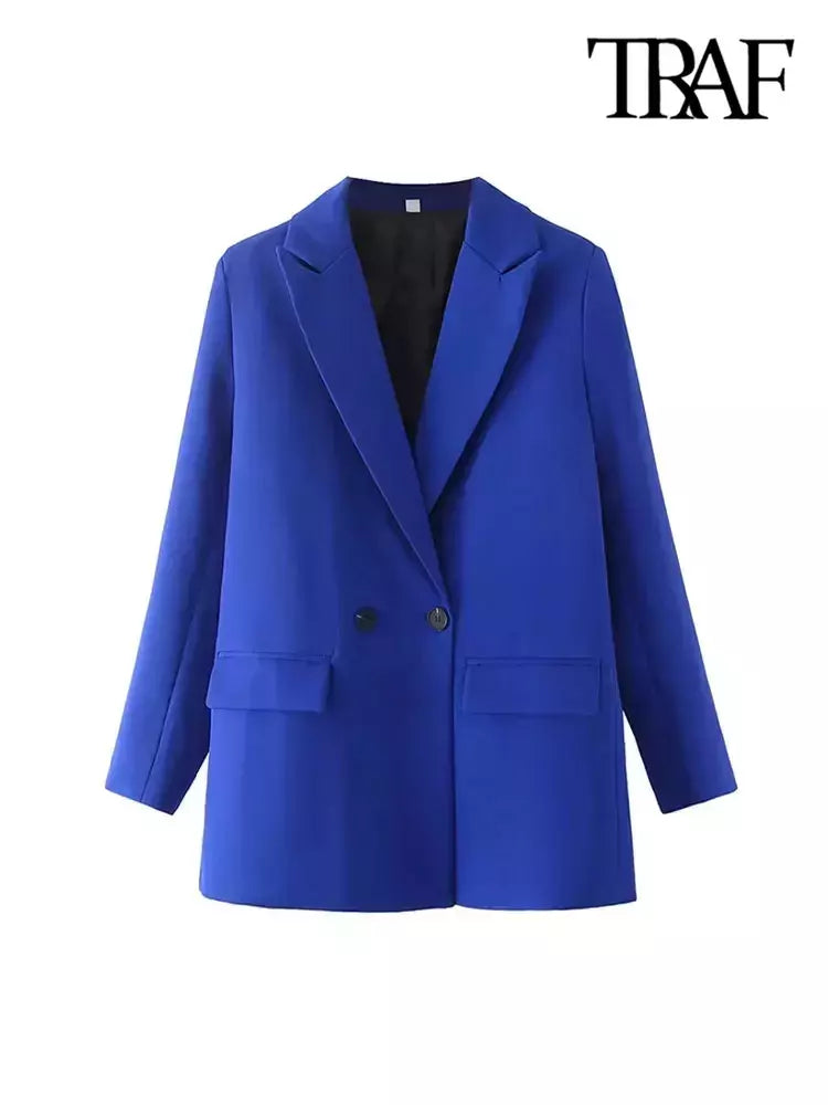 TRAF-Blazer de trespassado feminino, gola entalhada, manga comprida, chique, senhora do escritório, casaco vintage, casacos femininos, tops elegantes, moda