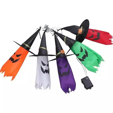 Decorações de Halloween ao ar livre 5 PCS pendurado Halloween iluminado brilhante chapéu de bruxa fantasma com luzes de corda LED para festa jardim