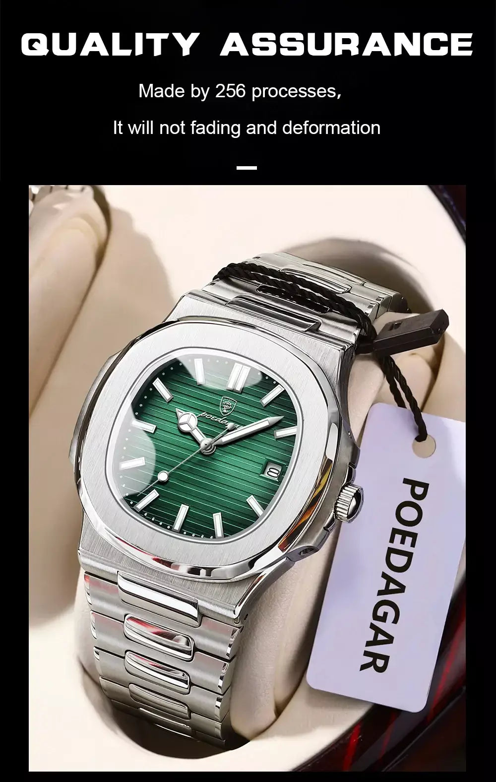 Poedagar quadrado na moda relógio de pulso masculino luminoso à prova dwaterproof água relógio de aço inoxidável para homem data quartzo negócios relógios masculinos reloj