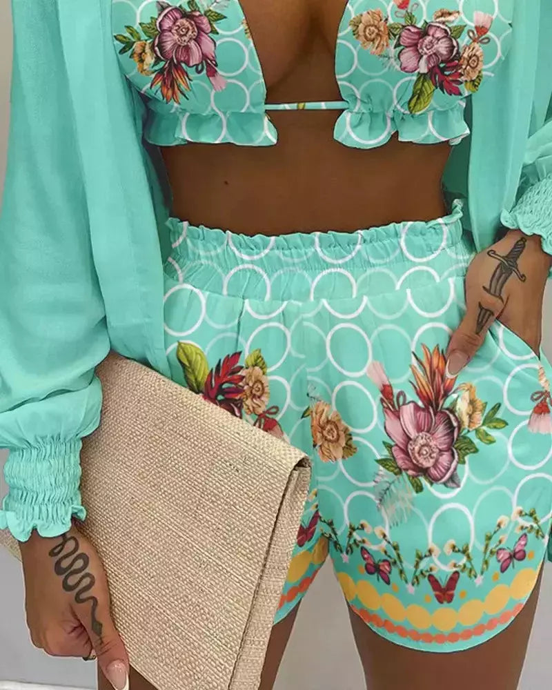 Fato de banho feminino de três peças, moda praia sexy, biquíni de cintura alta, maiô estampado, shorts para cobrir, moda praia de verão, novo 2024