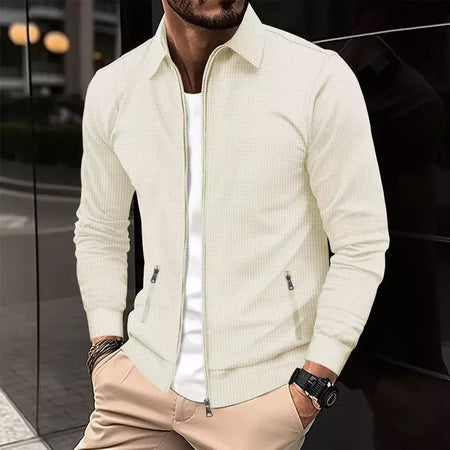 Jaqueta waffle de manga comprida masculina, monocromática, com zíper, bolso, cardigã lapela, gola polo casual, outdoor wear, primavera e outono