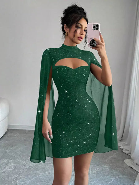 Sexy feminino gola capa mini vestido lantejoulas espumante clube festa noite fora cabido bodycon elegante outono inverno