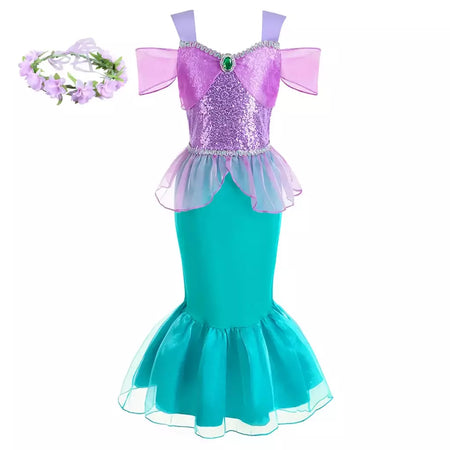 Meninas roxo-azul sereia ariel cosplay vestido de halloween vestido de festa de aniversário meninas praia vestido de férias