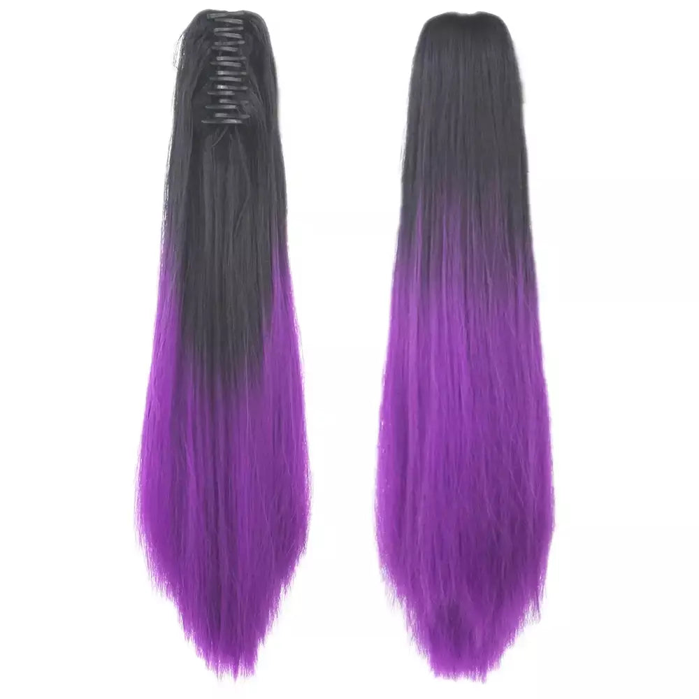 Longo reto sintético rosa ombre extensão do cabelo peruca garra rabo de cavalo pônei fada cauda falso peças de cabelo clipe na peruca