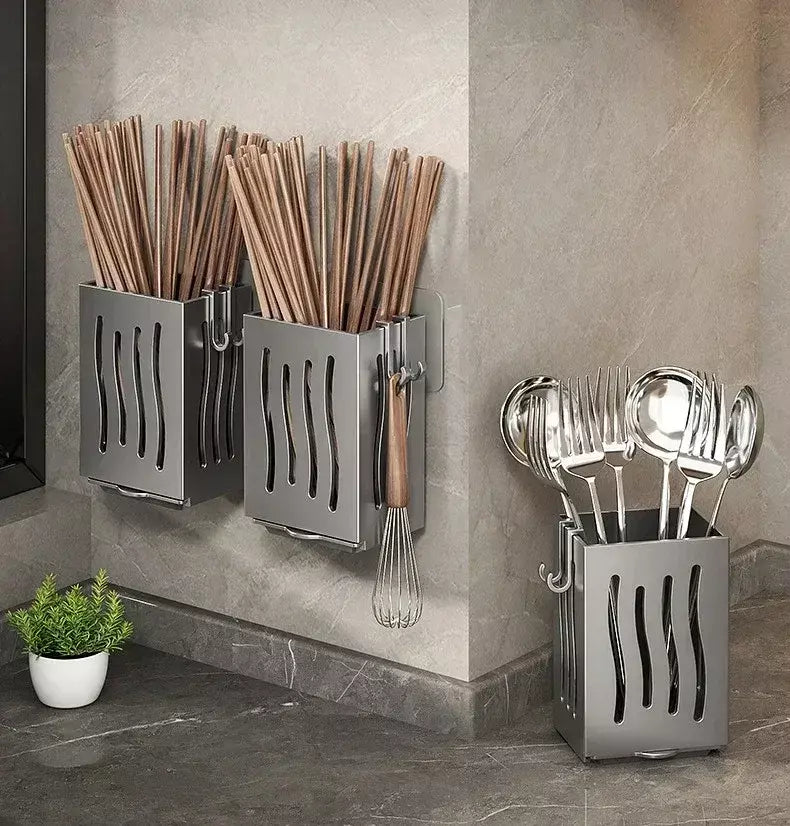 1-Piece Kitchen Utensil Rack-Multifunctional Draining Chopstick Holder,Wall-Mounted or Freestanding Cutlery Storage Box, Plastic