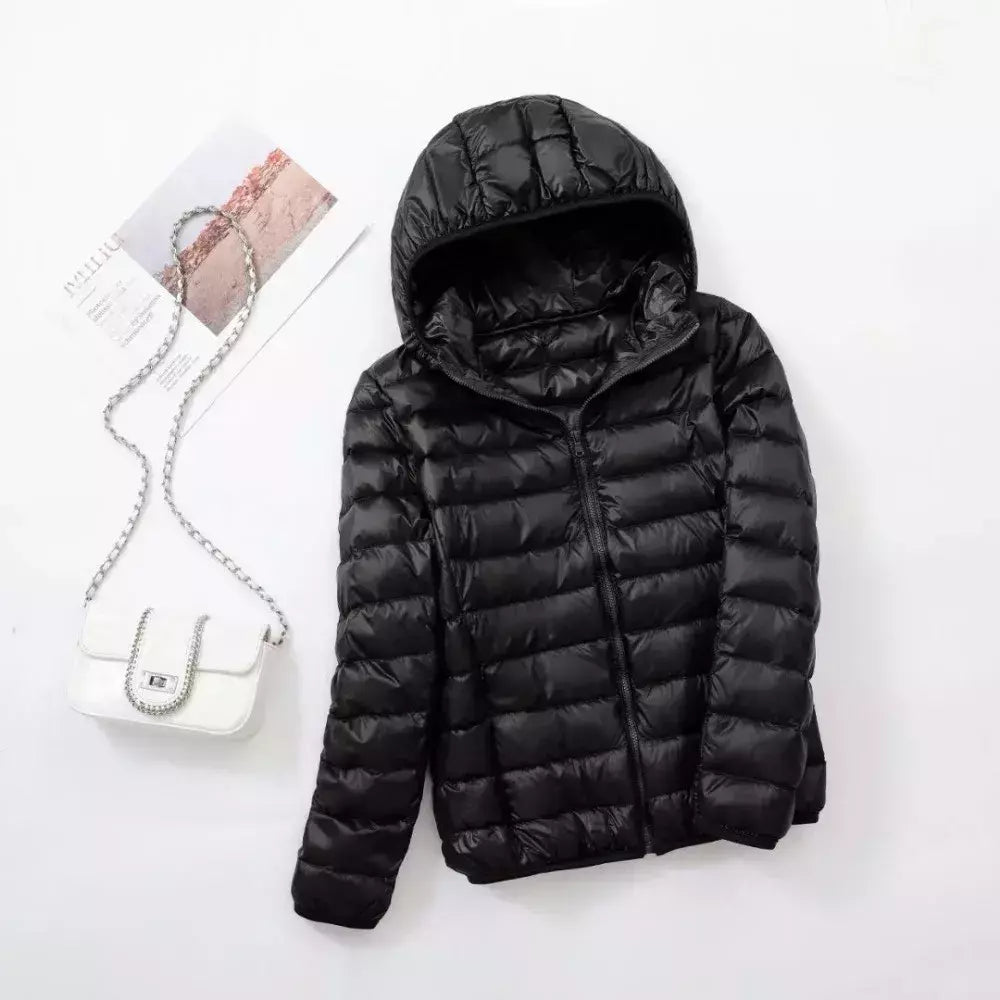 Casaco fino leve com capuz de pato para mulheres, casaco curto fino, streetwear quente, branco, plus size, casacos, outono, inverno, 2023