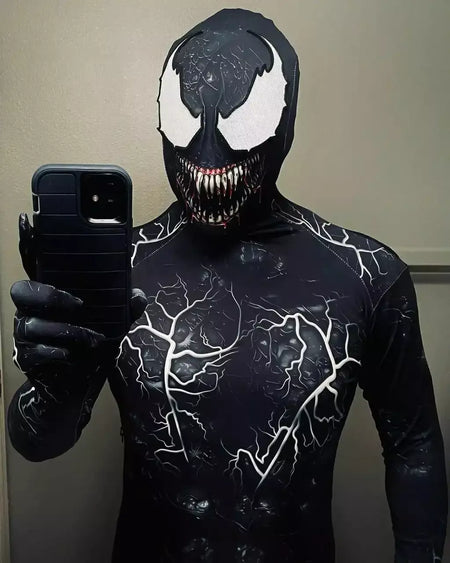 Novo halloween adultos veneno simbionte aranha cosplay traje bodysuit zentai segunda pele terno masculino festa macacão