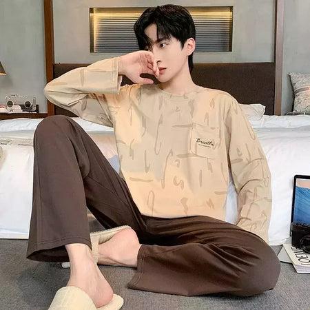 Pijama de algodão de duas peças masculino, calça de manga comprida, traje caseiro, estudante e adolescente, novo outono