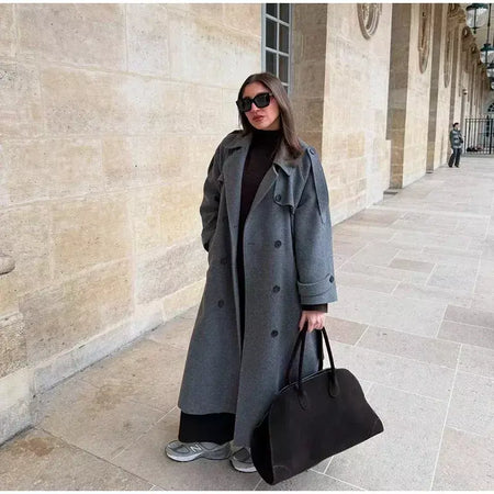 Trench coat maxi oversized feminino com lapela entalhada com cinto duplo breasted vintage streetwear 2025 tendência casual casacos diários