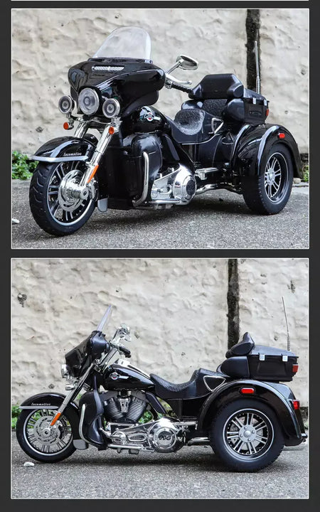 CVO-Tri Glide Alloy Motorcycle Model for Kids, Três Rodas, Cruzeiro, Viagem, Diecast, Lazer na Rua, Luz Sonora, Presente, 1:9