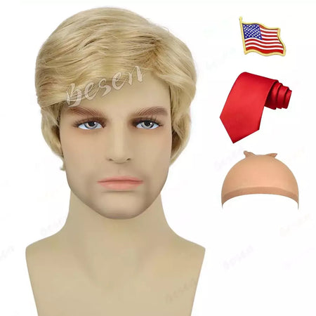 Peruca loira sintética para adultos com adesivos engraçados, peruca masculina em camadas resistente ao calor, pessoas famosas, cosplay