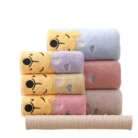 Winnie Bear Bath Towel Set para Crianças, Macio e Absorvente, Coral Velvet, Home Wash, Desenhos animados