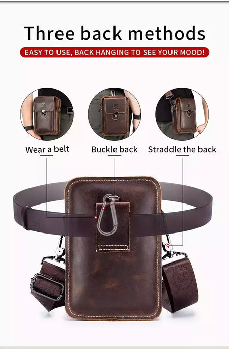 BULLCAPTAIN-Pacotes de Cintura de Couro Genuíno para Homens, Cinto Casual, Bolsa de Telefone Móvel 100% Couro Pequena Bolsa de Ombro