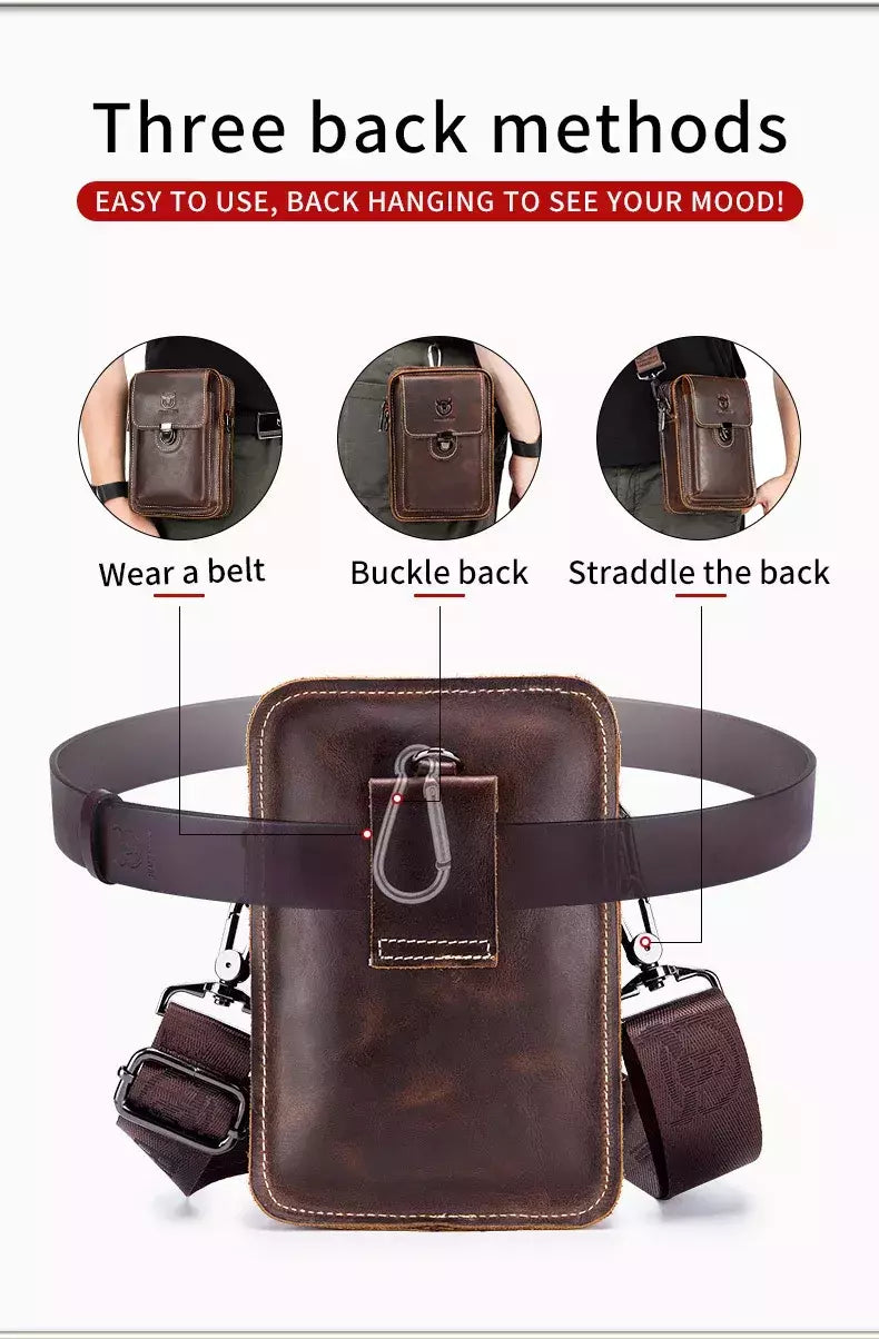 BULLCAPTAIN-Pacotes de Cintura de Couro Genuíno para Homens, Cinto Casual, Bolsa de Telefone Móvel 100% Couro Pequena Bolsa de Ombro