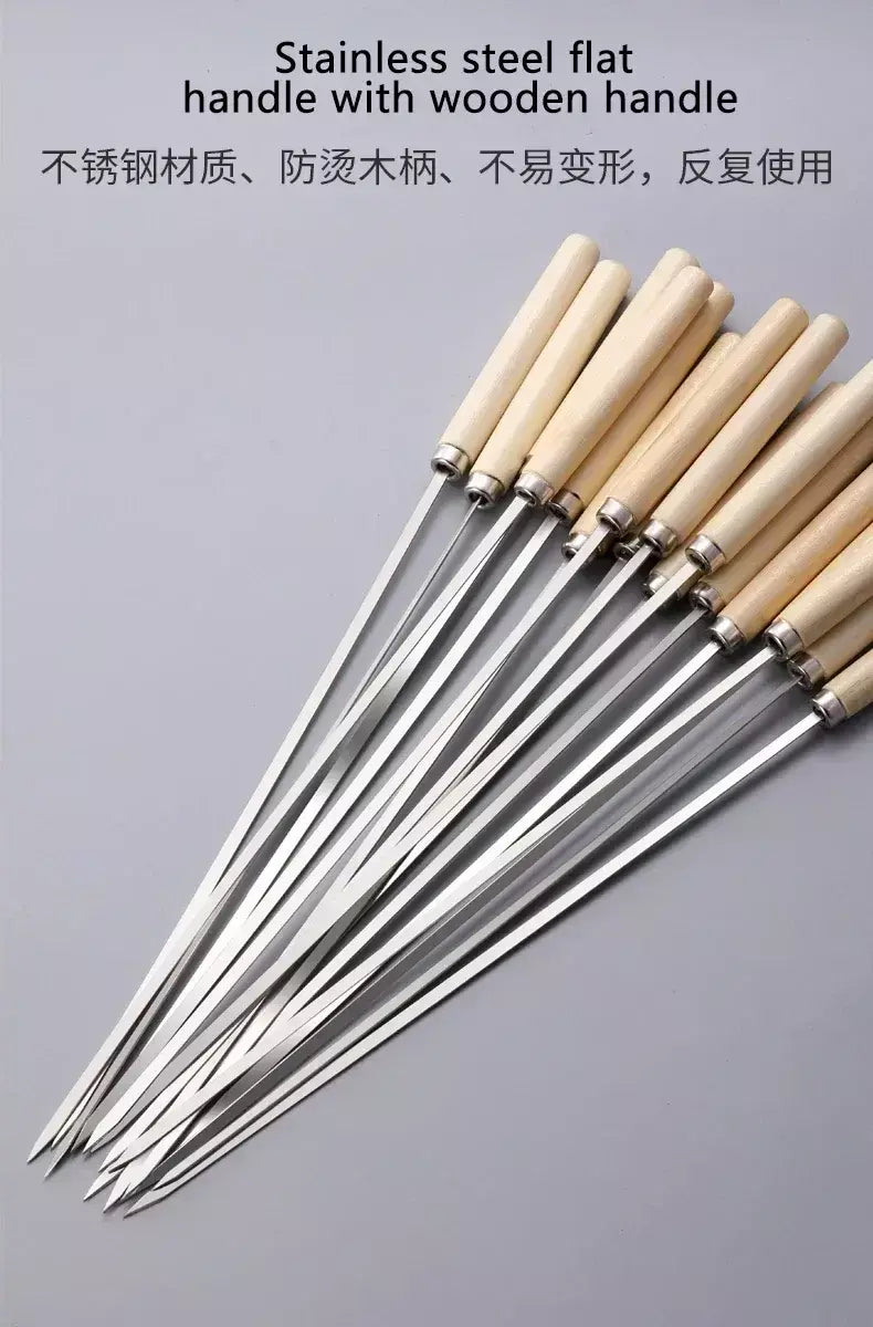 5/10 peças espetos de churrasco anti-escaldante com cabo de madeira podem ser reutilizados 304 espetos de churrasco de metal de aço inoxidável espetos largos
