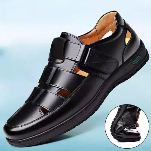 Sapatos de couro oco masculino, sandálias casuais, sapatos de furos respiráveis, verão, 2024