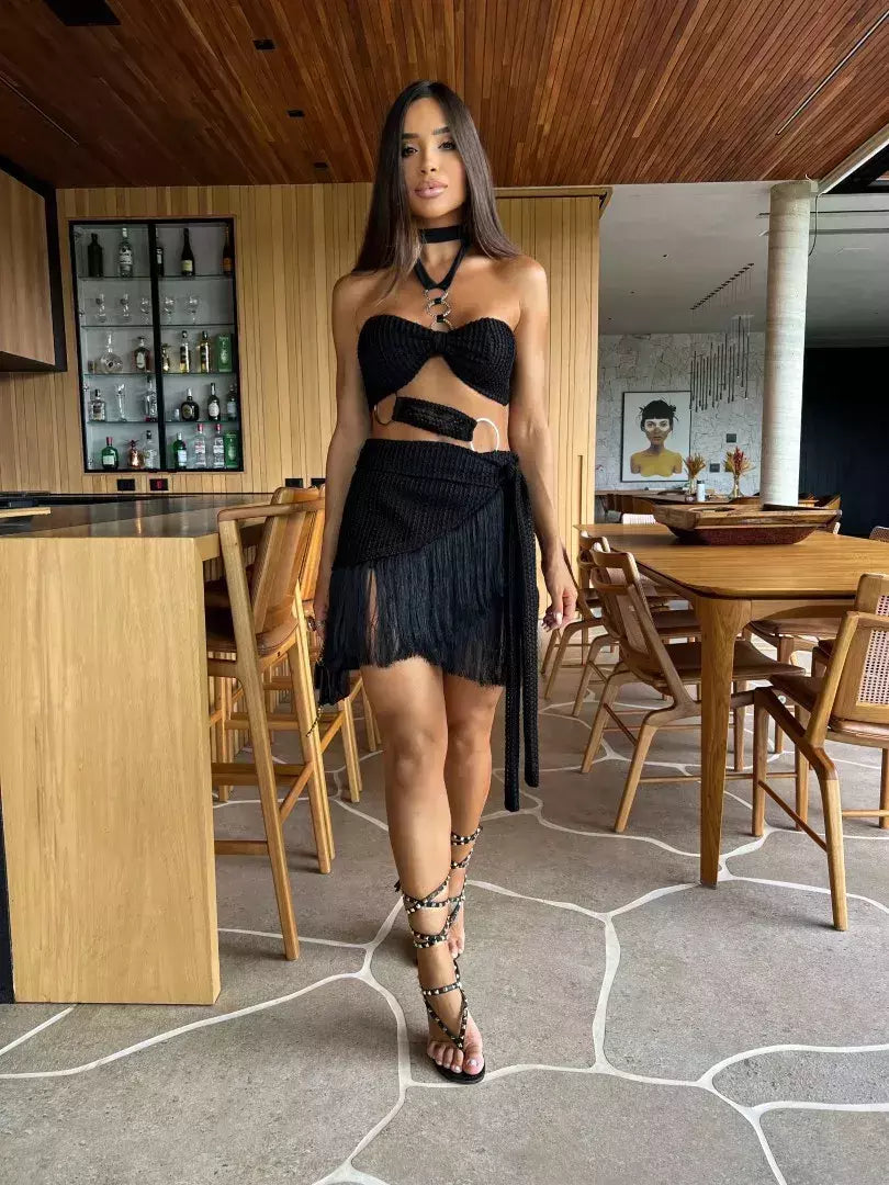 Conjunto sexy de biquíni feminino, sutiã de renda, mini saia, férias de praia, fato de banho feminino casual, 2 peças, verão
