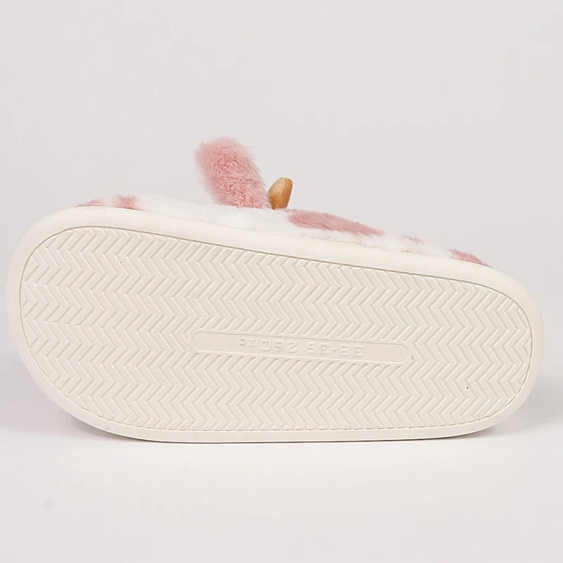 Inverno feminino quente dos desenhos animados chinelos de vaca dedo do pé fechado antiderrapante peludo casa sapatos feminino quarto interior sola grossa chinelos de pelúcia