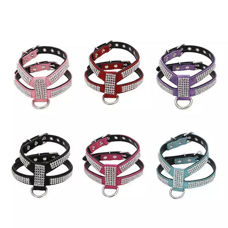 Coleira para cães, cinta peitoral ajustável, produtos para animais de estimação, coleira para cães, liberação rápida, brilhante, em forma de k, strass, couro pu